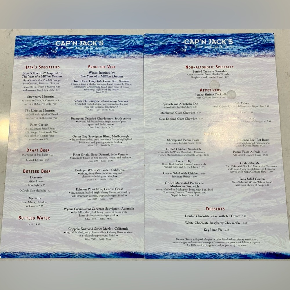 Disney Collectors: menus from the no longer open Cap’n Jacks & Mama’s Melrose